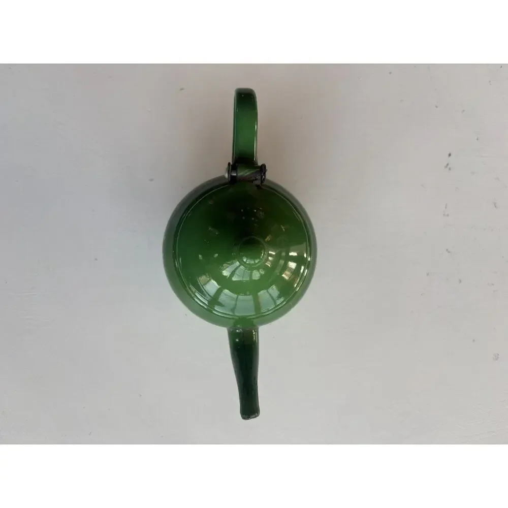 Vintage Small Green Floral Enamelware Hinged-Top Teapot 05L